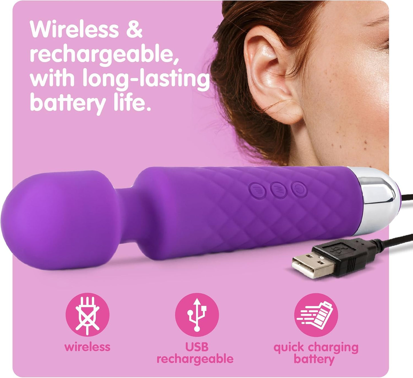 Oliver James Mini Wand Vibrator – 20 Patterns, 8 Speeds, USB Rechargeable & Travel-Friendly