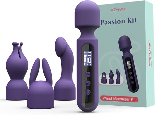 Wand Vibrator Kits, Couple Adult Sex Toys with 3 Attachments for Clit, G Spot, Glans, Clitoral Stimulator Vibrating Dildo with LCD Display, 10 Patterns 4 Speeds for Sexual Pleasure